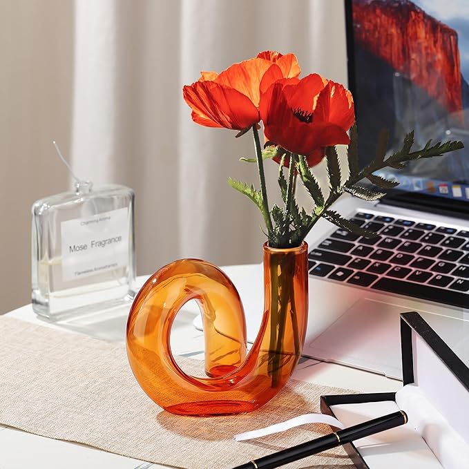 Joeyan Handmade Small Amber Glass Flower Vase,Decorative Geometric Glass Bud Vase for Modern Home Centerpieces Living Room Office,4.72" Abstract Vase for Single Flower and Dry Flowers