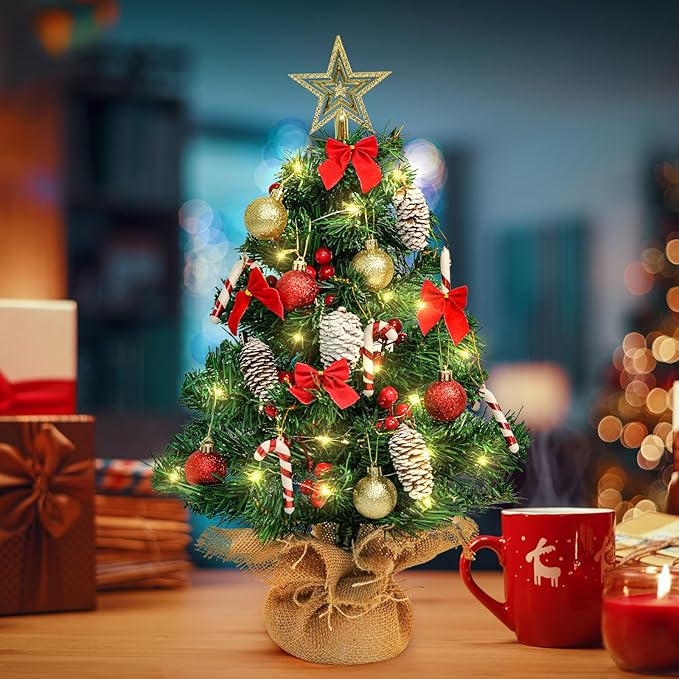 24 Inch Mini Artificial Christmas Tree with LED String Lights, Star Topper and Hanging Ornaments - Tabletop Christmas Tree for Holiday DIY Decorations