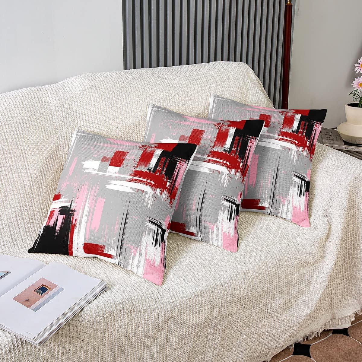 Feelyou Abstract Throw Pillow Covers for Couch Sofa Bed, Set of 2 Modern Abstract Art Decorative Pillows Cushion Covers, Retro Red Grey Pink Black Pillow Inserts Not Included, 22x22 inch