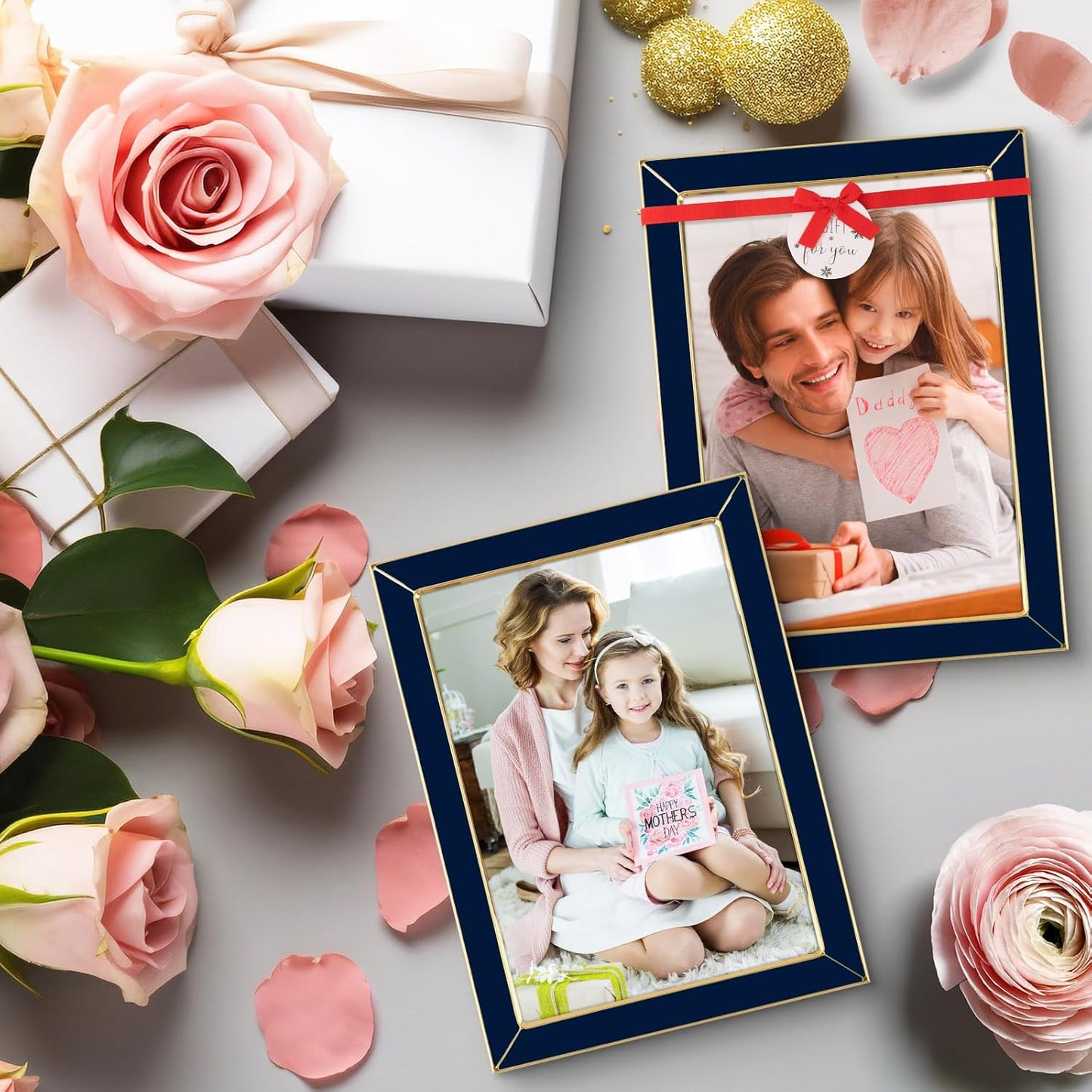 Frametory Enamel Picture Frame - 5x7 Gold Metal Edge Navy Blue Enamel Picture Frame With Easel and Velvet Back for Tabletop Display, Bookshelf, 5x7 Wall Decor, Photo Frames, Picture Display-2 Set