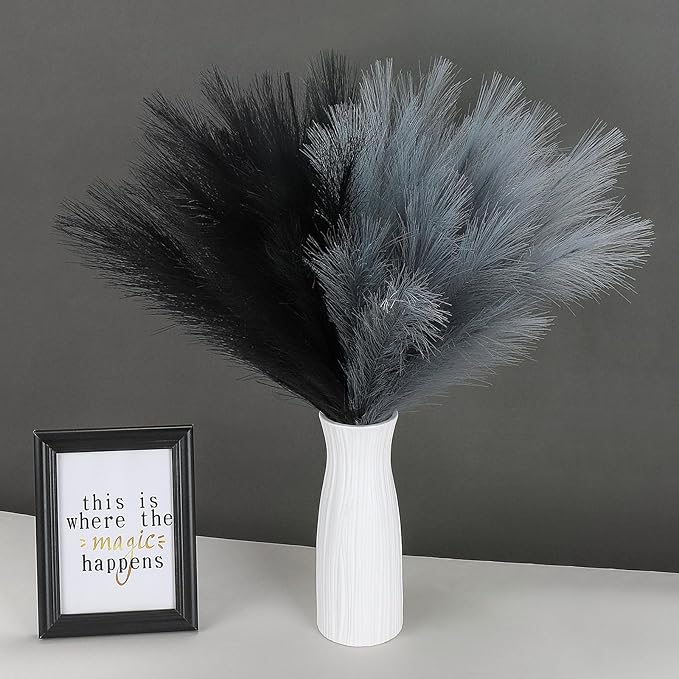60 Pcs Pampas Grass Black and Dark Grey Decor 21.7" Fluffy Faux Short Pampas Grass Artificial Small Pompas Grass Flower Vase Filler for Home Wedding Decoration