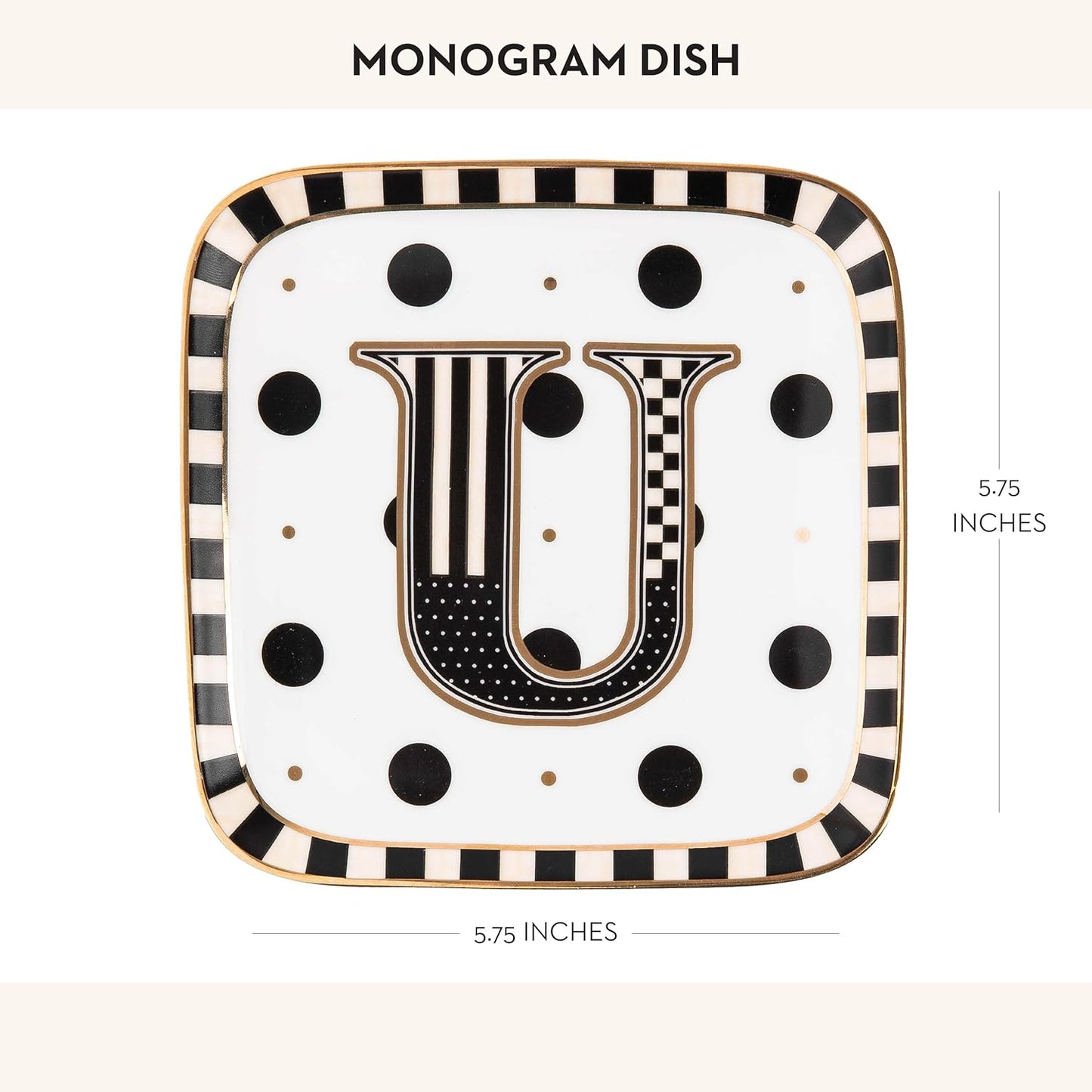MACKENZIE-CHILDS Monogram Dish, Decorative Ceramic Letter Plate, 5 3/4" Square, U
