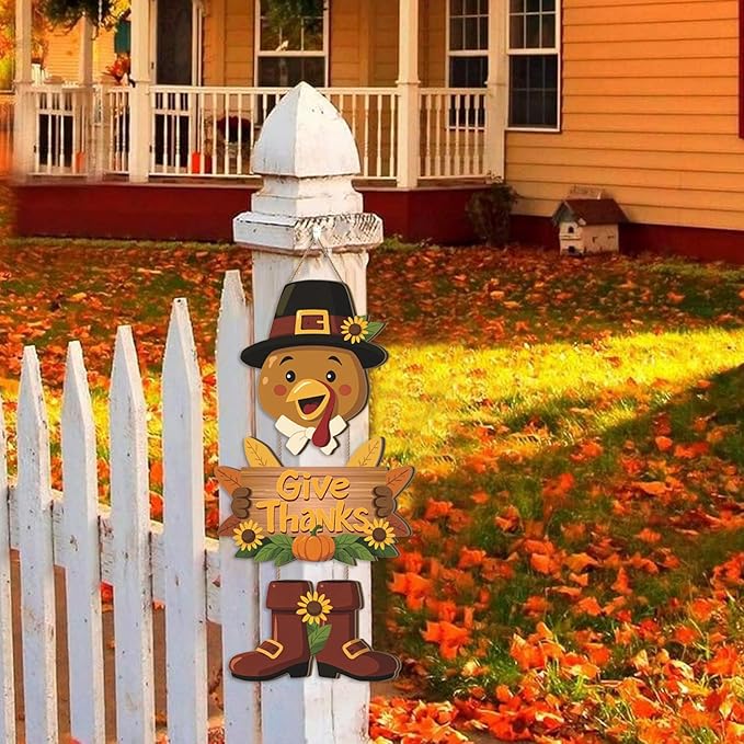 Turkey Door Decor,Hello Fall Door Sign,Thanksgiving Day Sign,Autumn Wall Decor Give Thanks,Turkey Harvest Thanksgiving Door Decoration for Porch Farmhouse Outdoor Home Indoor Yard Office Party