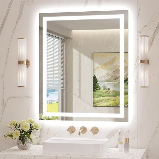 LED Mirror for Bathroom 28x36 Lighted Bathroom Vanity Mirrors with Lights, Brighter Frontlit and Backlit Anti-Fog Mirror, Tempered Glass, Dimmable 3 Colors Light Modes, Memory Function