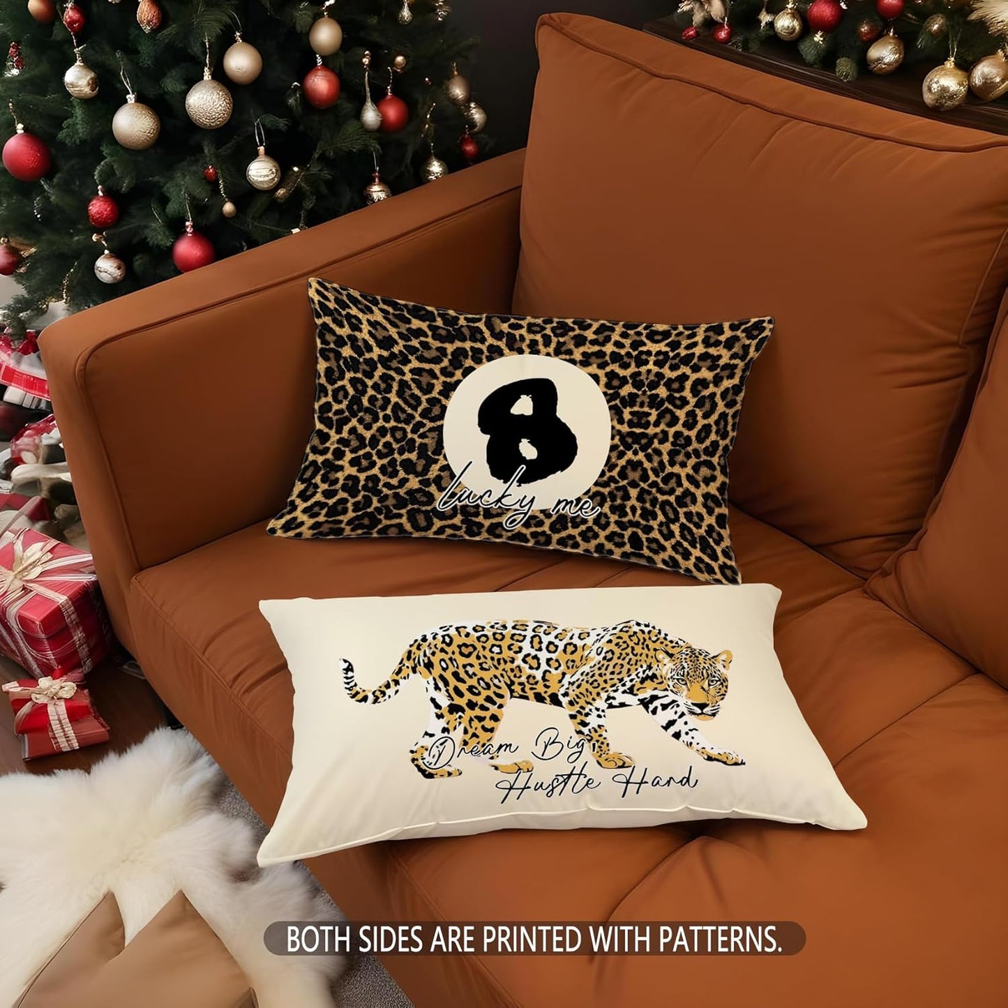 Coquette Pink Bow Leopard Print Lips Lucky 8 Ball Throw Pillow Covers 20x12, Cheetah Print Room Decor, Funky Y2K Leopard Decorative Pillow Covers for Girls Room Dorm Apartment Home，Set of 2