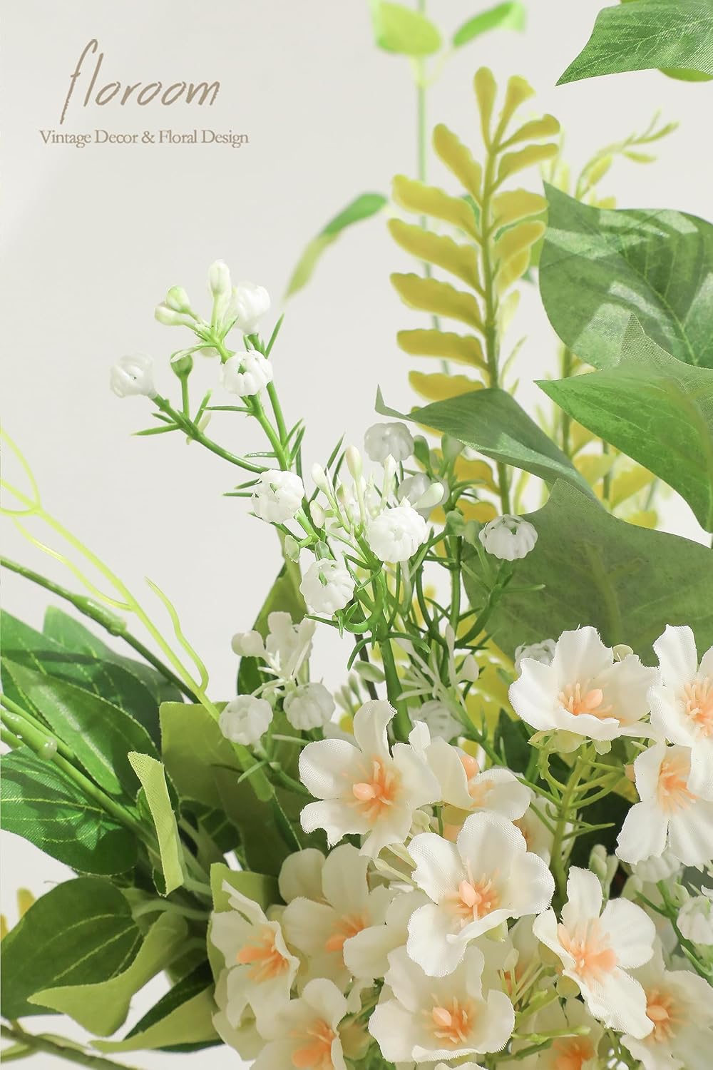 Floroom Artificial Greenery Stems Box Set, 35pcs with 5 Kinds of Faux Greenery Flowers Picks for DIY Bridal Bouquets Wedding Floral Arrangement Table Centerpieces, Light Green & White