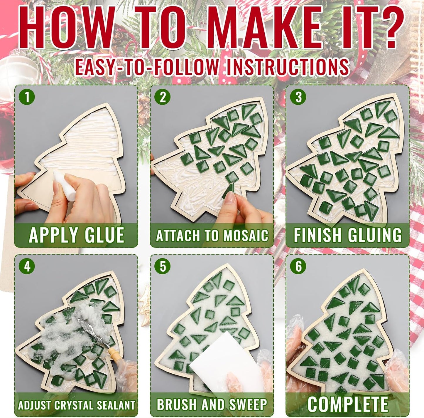 Honeydak 6 Sets DIY Glass Mosaic Tiles with 6 Wooden Coasters Making Mosaic Crafts Material Package Mixed Stained Glass for Handmade Colorful Home Decor Gift Indoor (Christmas Tree,Neutral Color)