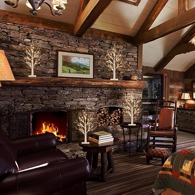 Vanthylit Christmas Tree Decorations, White Birch Tree with LED Lights- Set of 4, Warm White Small Tree Lights Battery Powered/USB, Timer Lighted Tree for Home Wedding Indoor Outdoor Decor (2 FT)