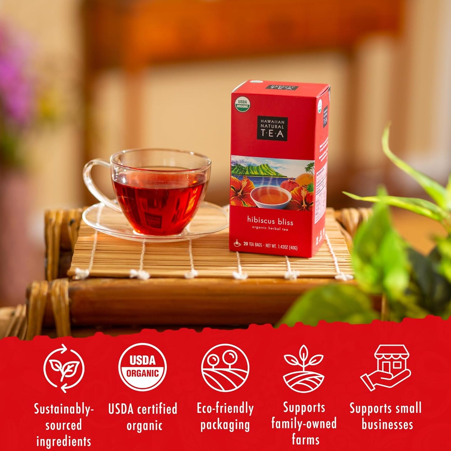 Hawaiian Natural Tea - Organic Hibiscus Bliss Herbal Tea, Caffeine-Free Hibiscus, All-Natural and Antioxidant-Rich Wellness Tea, Vegan and Keto-Friendly, 20 Bags