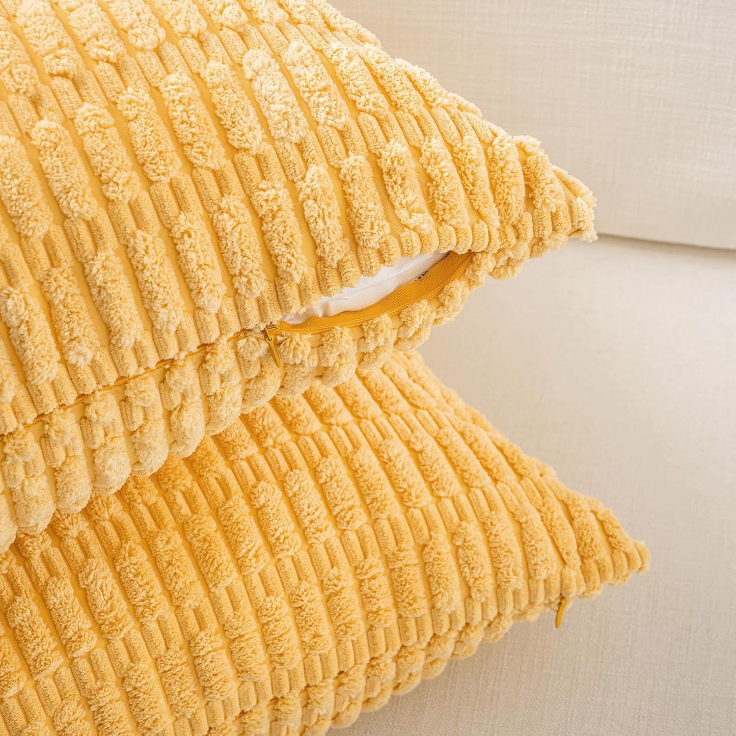 Fancy Homi Set of 4 Summer Boho Decorative Throw Pillow Covers 18x18 Inch for Couch Bed Sofa, Sage Green Yellow Room Decor, Soft Fuzzy Fluffy Cozy Corduroy Textured Cushion Case 45x45cm