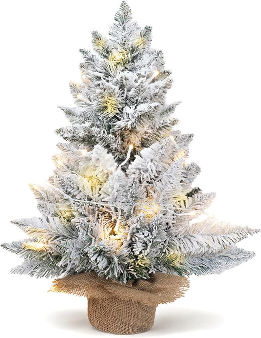 2ft Pre-Lit Artificial Mini Christmas Tree,24 Inch Snowy Flocked Small Tabletop Christmas Tree with LED Light,White Xmas Pine Tree for Home Desk Indoor Decor, Perfect with Burlap Base