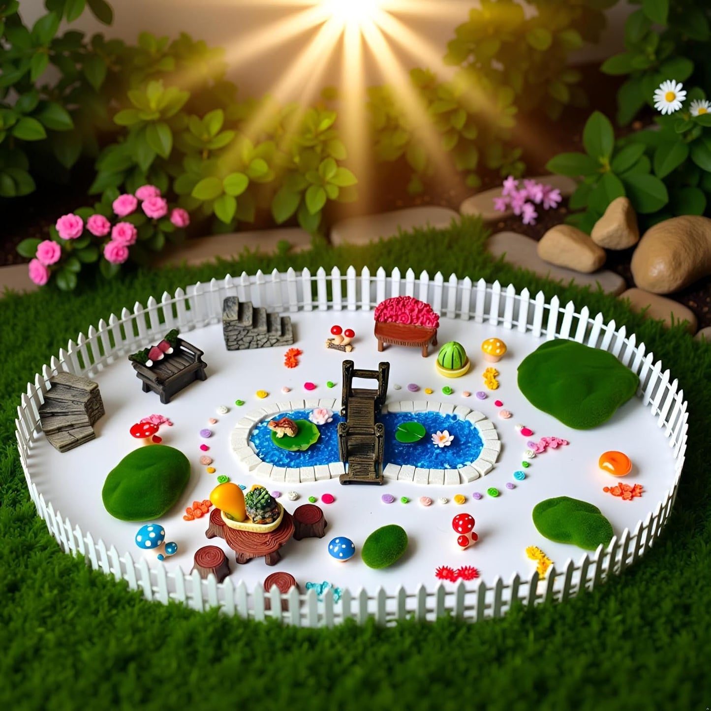 Fairy Garden Kit with 118 Pieces, Miniature Resin Figurines, Mushrooms, Bridge, Steps, Moss, Faux Flowers, Fake Fence, Crystal Gravel & Garden Accessories for DIY Fairy Gardens and Miniature Dioramas