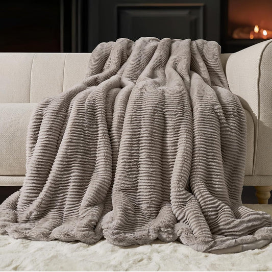 EVERGRACEHOME Ultra Soft Faux Fur Throw Blanket for Couch, Luxury Sculpted Texture Faux Rabbit Fur Blanket for Bed, Fluffy Thick Plush Warm Fuzzy Throw, 920GSM (Taupe, 60''x80'')