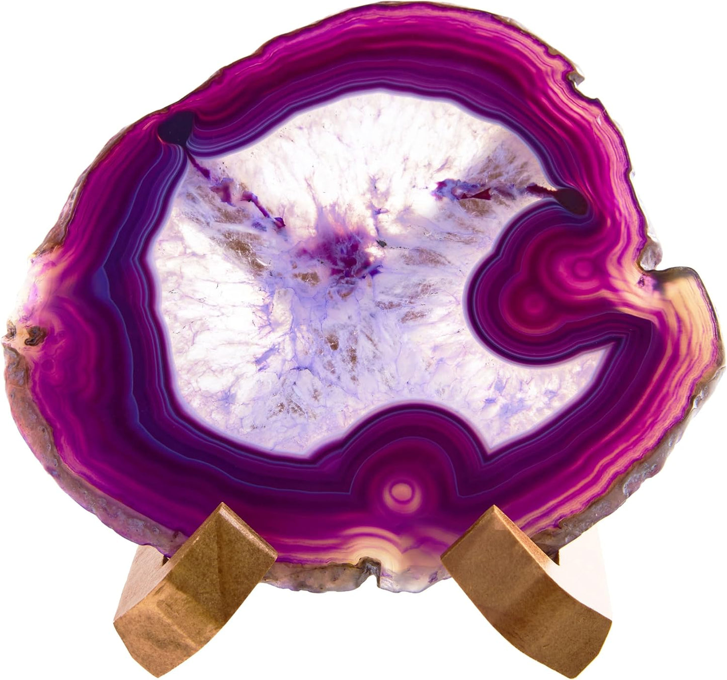 Luxury Lane Large Natural Brazilian Agate Slice Geode Rock Stone Drink Coaster with Wood Holder 4.7-5.5 inch Centerpiece Table Decoration, Amethyst Purple