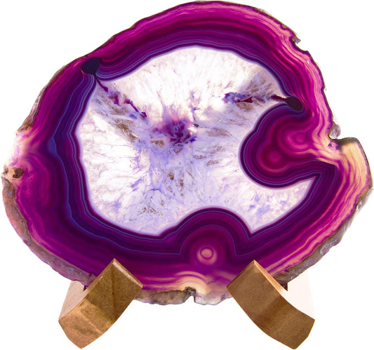 Luxury Lane Large Natural Brazilian Agate Slice Geode Rock Stone Drink Coaster with Wood Holder 4.7-5.5 inch Centerpiece Table Decoration, Amethyst Purple