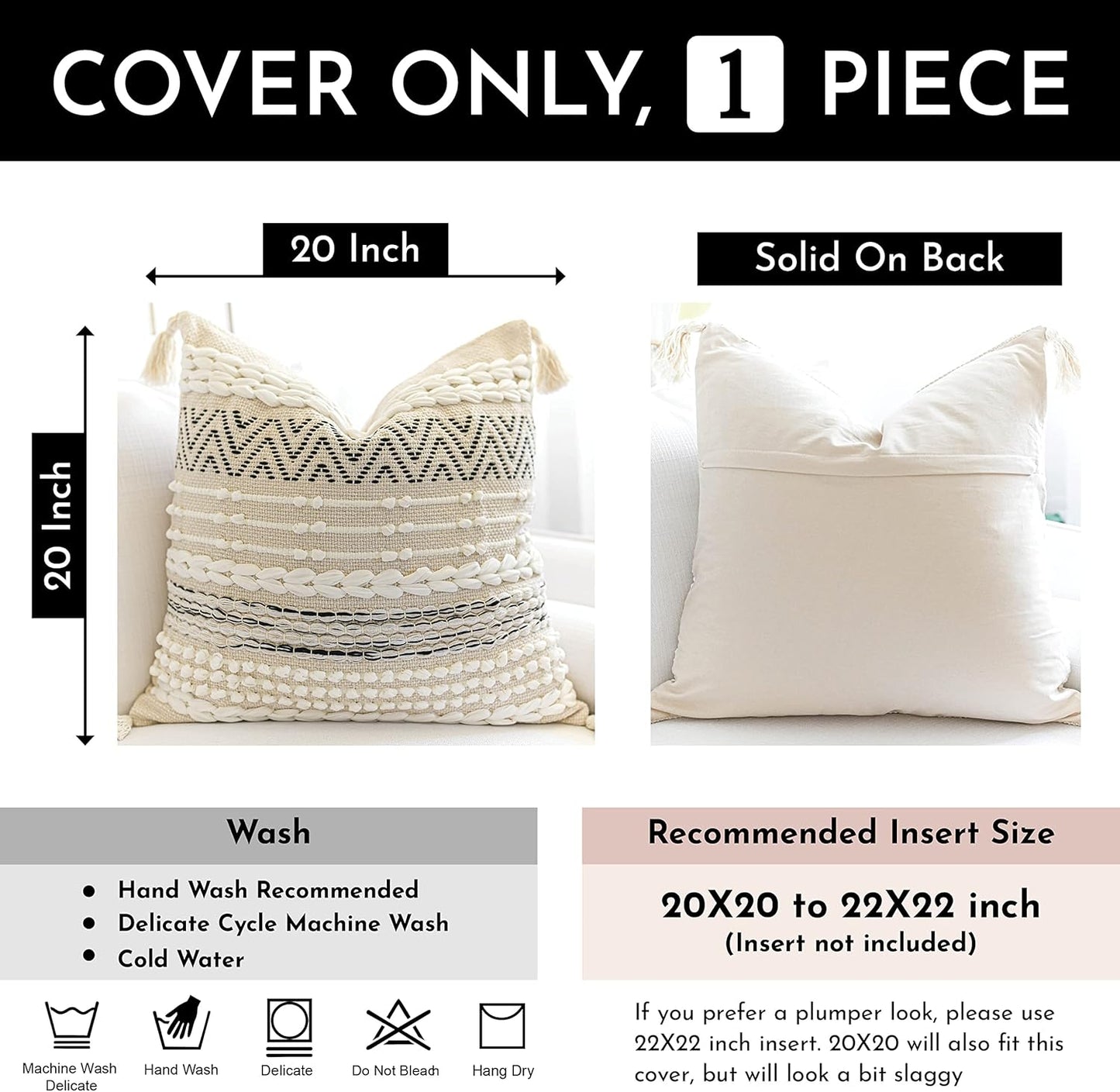 BlissBlush Cream White Boho Throw Pillow Cover 20X20, Decorative Neutral Accent Pillow for Couch, Square Woven Textured Pillowcase, Modern Boho Pillow for Bed, Bohemian Pillow Cover (Pack of 1)