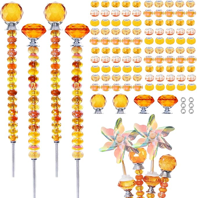 101 PCS Beaded Garden Stakes Kit, DIY Fairy Wand Garden Stake Beads Kits with Orange Large Hole Beads 4 Crystal Stopper Top Threaded Rods and 2 Colored Small Windmills for Outdoor Indoor Decor