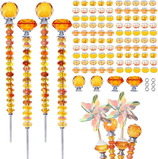 101 PCS Beaded Garden Stakes Kit, DIY Fairy Wand Garden Stake Beads Kits with Orange Large Hole Beads 4 Crystal Stopper Top Threaded Rods and 2 Colored Small Windmills for Outdoor Indoor Decor