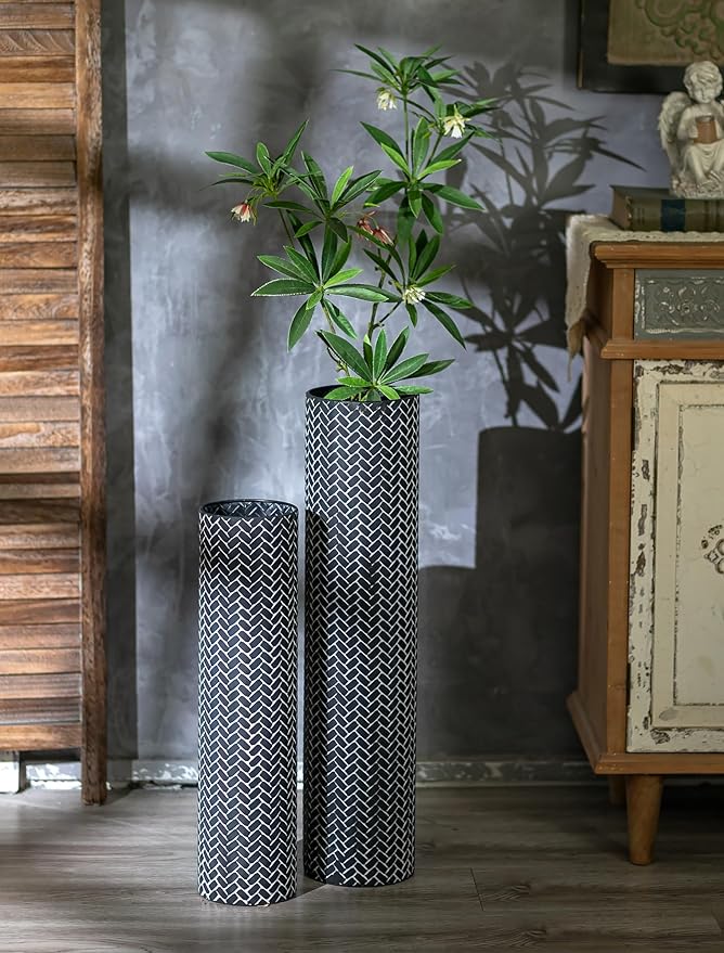 Sziqiqi Black Tall Floor Vase: 27.6/21.7in Metal Modern Cylinder Floor Vases - Woven Texture Extra Large Decorative Vase Set of 2 Home Decor for Living Room Bedroom Home Corner Indoor Office