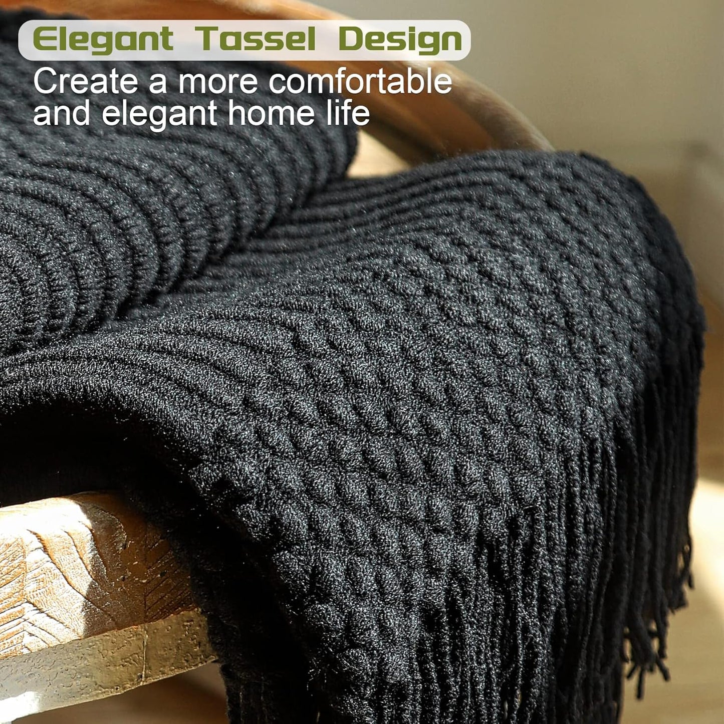 Blagic Knitted Throw Blanket for Couch, Bed and Sofa. Super Soft Blanket with Tassels, Black Throw Blanket, 50 x 60 Inches Lightweight & Cosy Home Decor