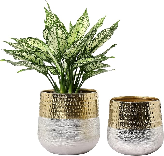 MyGift Round Two-Toned Indoor Planter Pot, Hammered Brass and Milled Embossed Silver Tone Metal Planter Vase, Set of 2 - Handcrafted in India