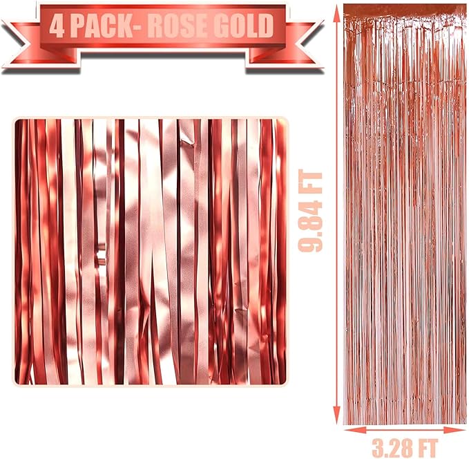 4 Pack Rose Gold Foil Fringe Curtain Backdrop, 3.28Ft x 9.84Ft Metallic Tinsel Foil Fringe Streamers Curtains for Party,
