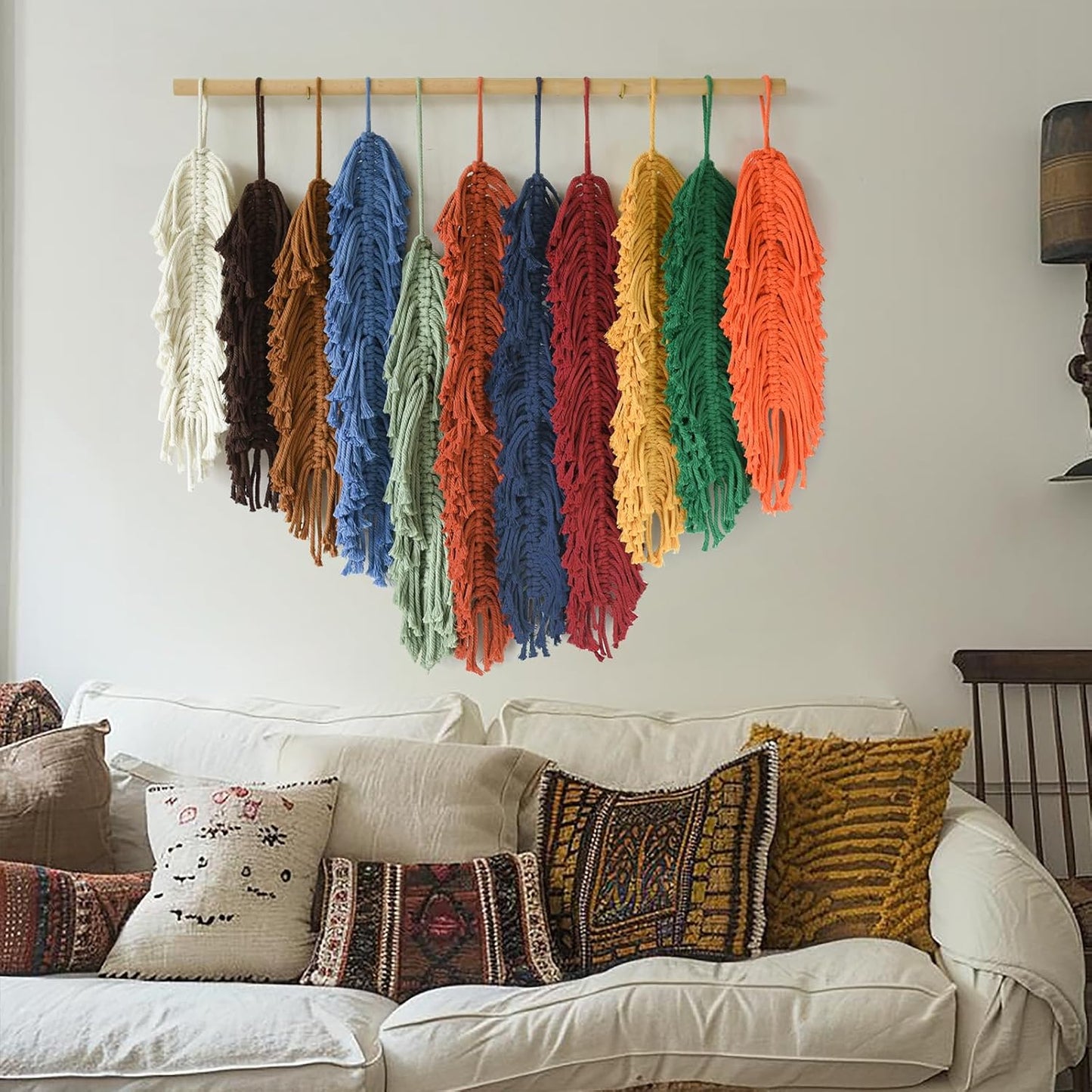 Jakalin Macrame Wall Hanging Leaf, Colorful Yarn Feathers Boho Wall Decor, Handmade Woven Tapestry for Bedroom, Nursery, Living Room, Boho Chic Fiber Art Wall Hanging 27.5" W x 23.6" L
