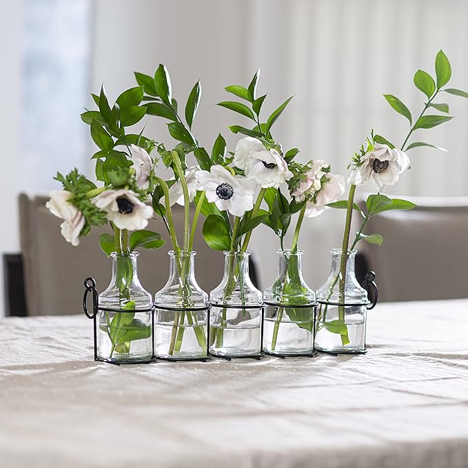 5pc Glass Flower Vase with Metal Holder, Best Vases for Flowers, Set for Home Decor, Wedding Decorations, Table Decor, Kitchen, Bathroom, Bedroom, Shelf Decor, Best Modern Vase for Flower Arrangement