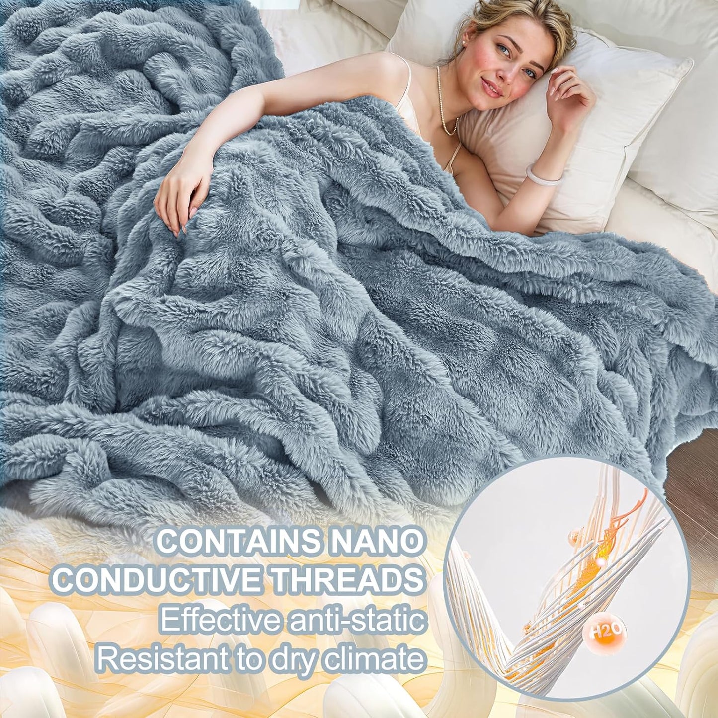 Faux Fur Lake Blue Throw Blanket for Couch - Super Soft Heavy Flufyy Thick Bubble Throw Blankets for Bed Bedroom Living Room Farmhouse Sofa Chair Fall Winter Warm, 50x60 Inch