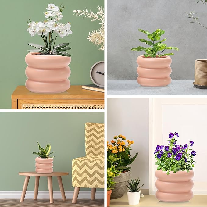 3 Piece Modern Ceramic Planter, 6.5/4.7/3.5 Inch Pink Plant Pot Set of 3 Unique Planters for Outdoor Indoor Flower Pots Plants with Drainage Holes Home & Office Decor with Mesh Pad