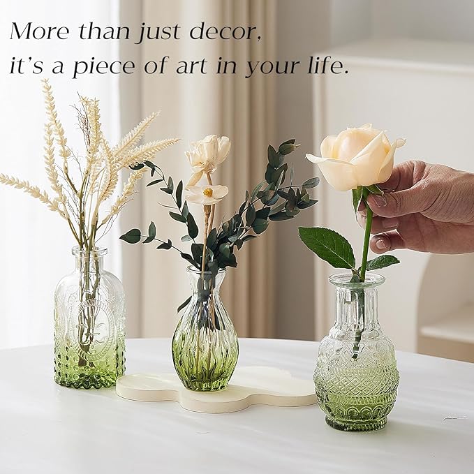 Glass Bud Vase Set of 60 - Small Vases for Flowers in Bulk - Assorted Vintage Crystal Vases for Flowers, Table Centerpieces (Green, 60 Pcs)