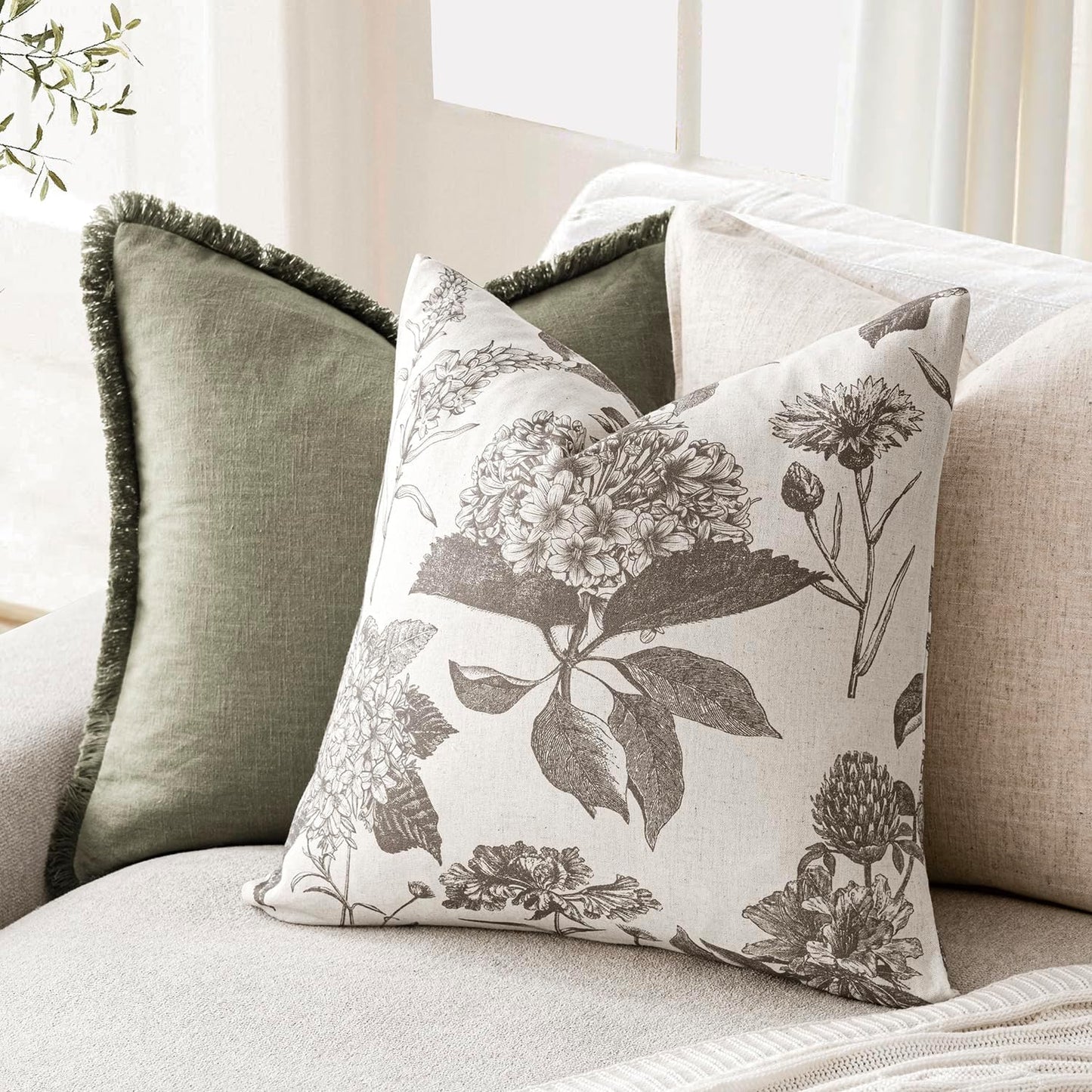 Foindtower Set of 2 Linen Floral Throw Pillow Covers Vintage Accent Print Decorative Cushion Covers Farmhouse Boho Home Decor for Sofa Chair Couch Bedroom Living Room,22×22 Inch,Light Gray