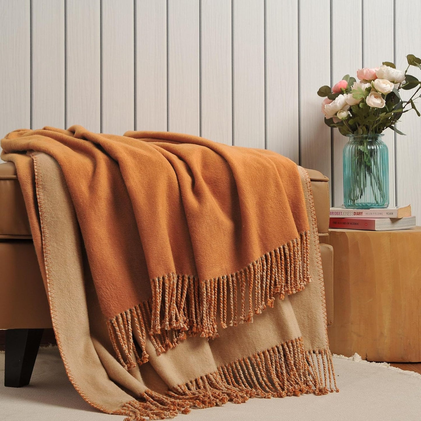 EP Mode Reversible Fringed Mulberry Silk Throw Blanket for Sofa (Caramel/Beige)