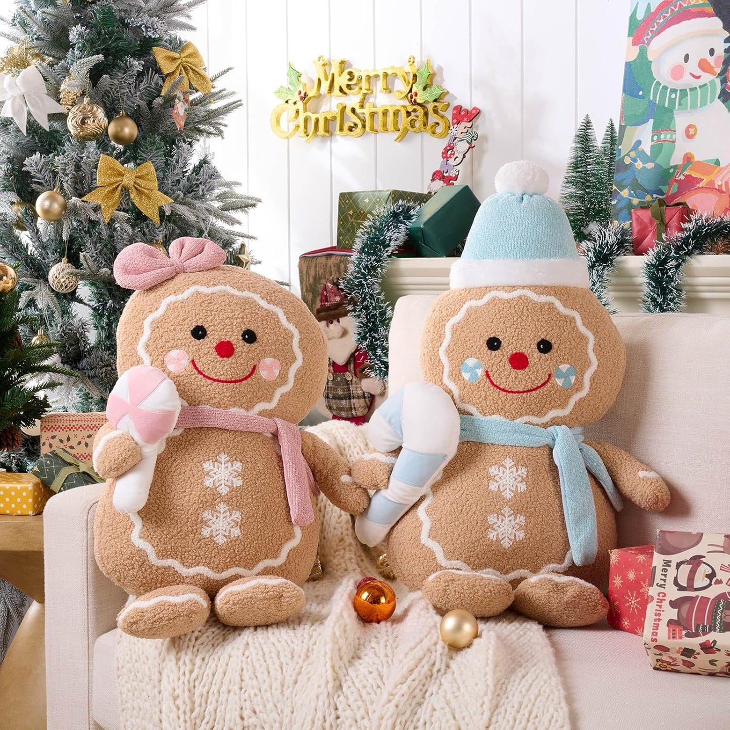 Lanpn Christmas Gingerbread Man Pillows Set of 2, Christmas Decoration Winter Throw Pillows Soft Fleece Sherpa Cute 3D Shaped Ginger Bread Man Girl Boy Throw Cushion for Sofa Bedroom Xmas Decor