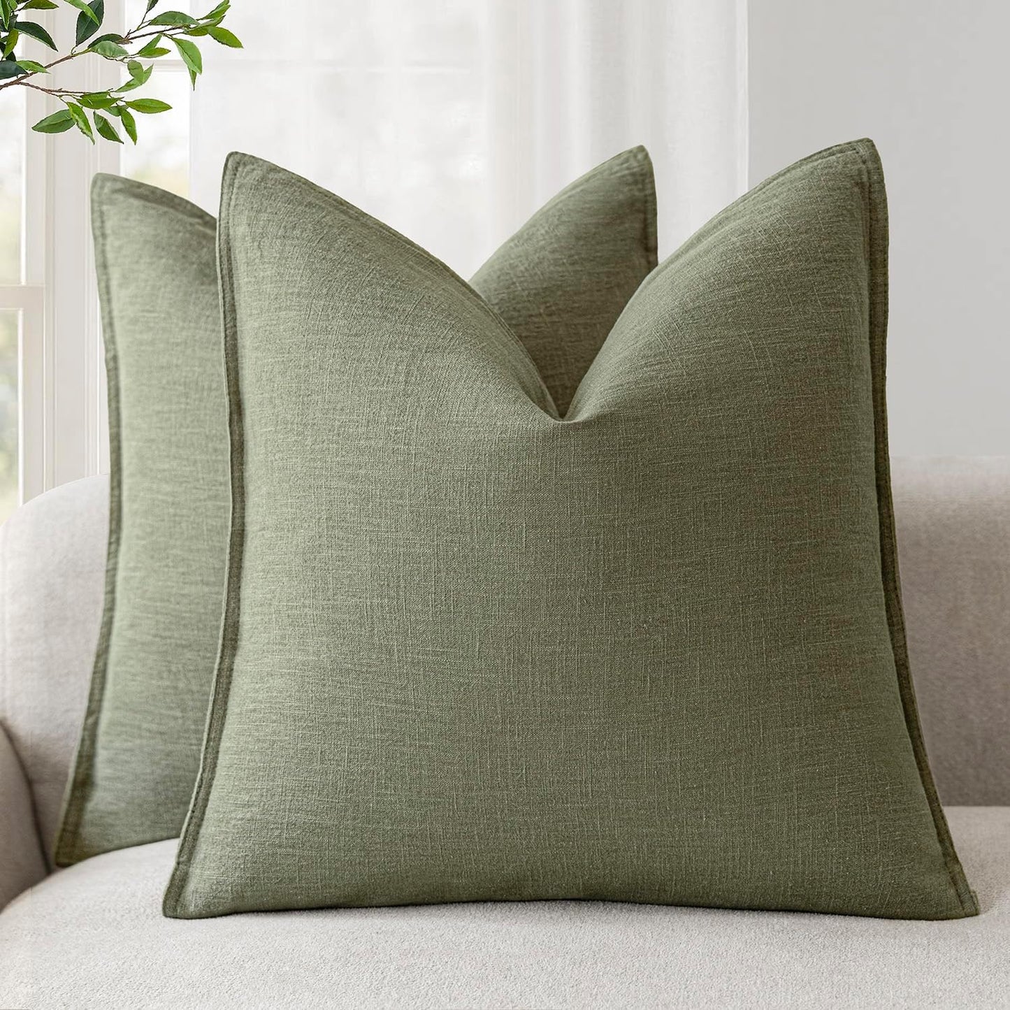 Foindtower Pack of 2, Decorative Linen Soild Throw Pillow Covers Soft Accent Cushion Case Farmhouse Neutral Pillowcase for Chair Couch Sofa Bedroom Living Room Home Decor 18x18 Inch Olive Branch Green