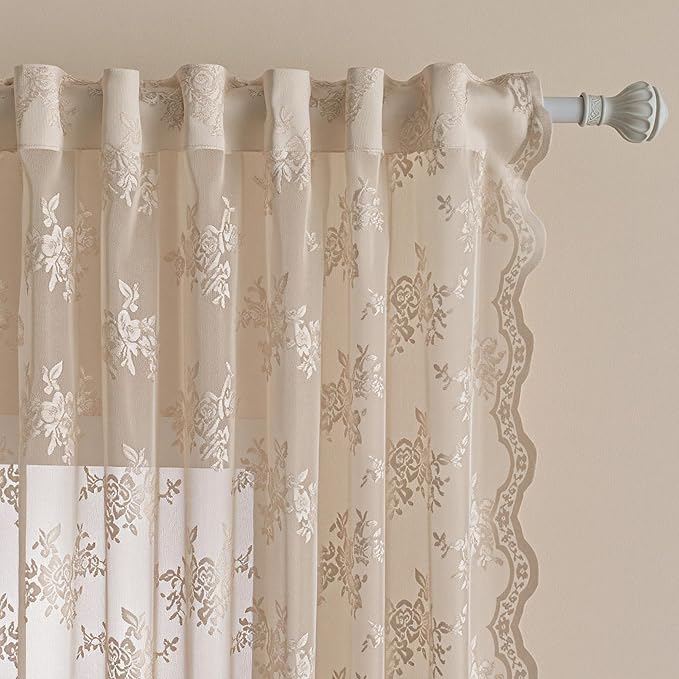 MEETSKY Boho Lace Sheer Curtains 90 Inches Long for Dining/Living Room Vintage Victorian Curtain French Elegant Back Tab Rod Pocket Light Filtering Drapes, 50" Wide Each Panel, 2 Panels, Oatmeal Beige