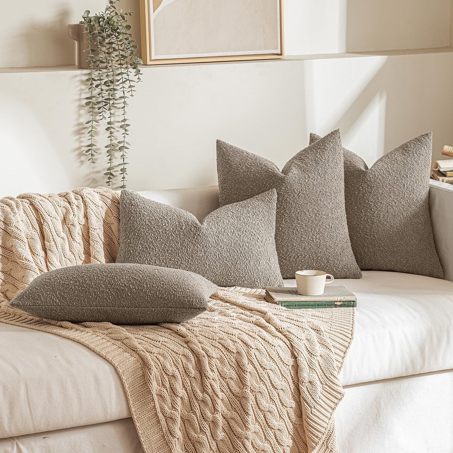 MIULEE 16x16 Inch Decorative Pillow Covers for Couch Bed Set of 2 Textured Boucle Neutral Winter Throw Pillows Light Taupe Accent Solid Cushion Pillowcases Sofa Livingroom Home Decor