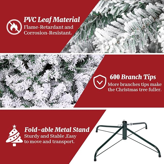 ULICO 5ft Snow Flocked Artificial Christmas Tree,Premium Spruce Xmas Tree with 600 Branch Tips, Fake Christmas Tree with Foldable Metal Base Stand,Home, Office,Party Decoration