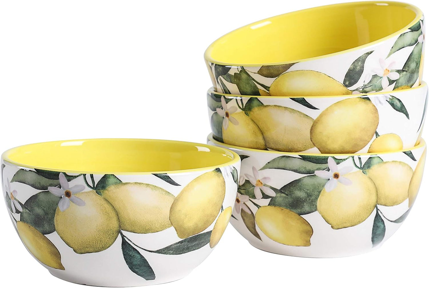 Bico Lemon Dreams Cereal Bowls Set of 4, 26 oz Deep Ceramic Soup Bowls for Cereal, Salad, Noodles, Kitchen, Microwave and Dishwasher Safe, Gift for Housewarming and Thanksgiving