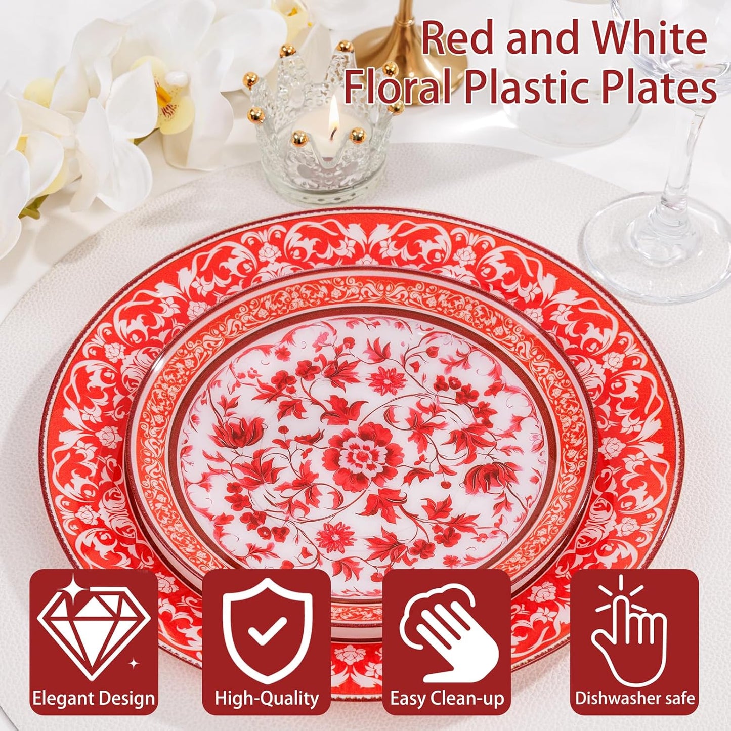 Hioasis 60pcs Red Plastic Plates Set - Floral Red & White Porcelain Design, 10.25" Dinner & 7.5" Dessert Plates Disposable for Wedding/Party (Dishwasher Safe, Art Style)