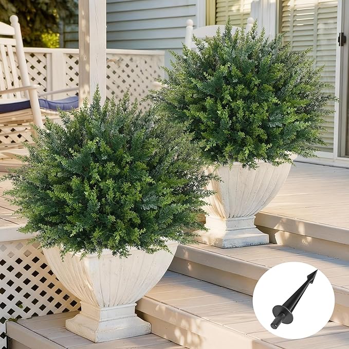 Waipfaru Artificial Plants Outdoor, 2Pcs 23'' Artificial Cedar Topiary with Ground Spike, UV-Resistant Fake Plants Fake Bushes for Christmas Outdoor Indoor Garden Front Porch Decor