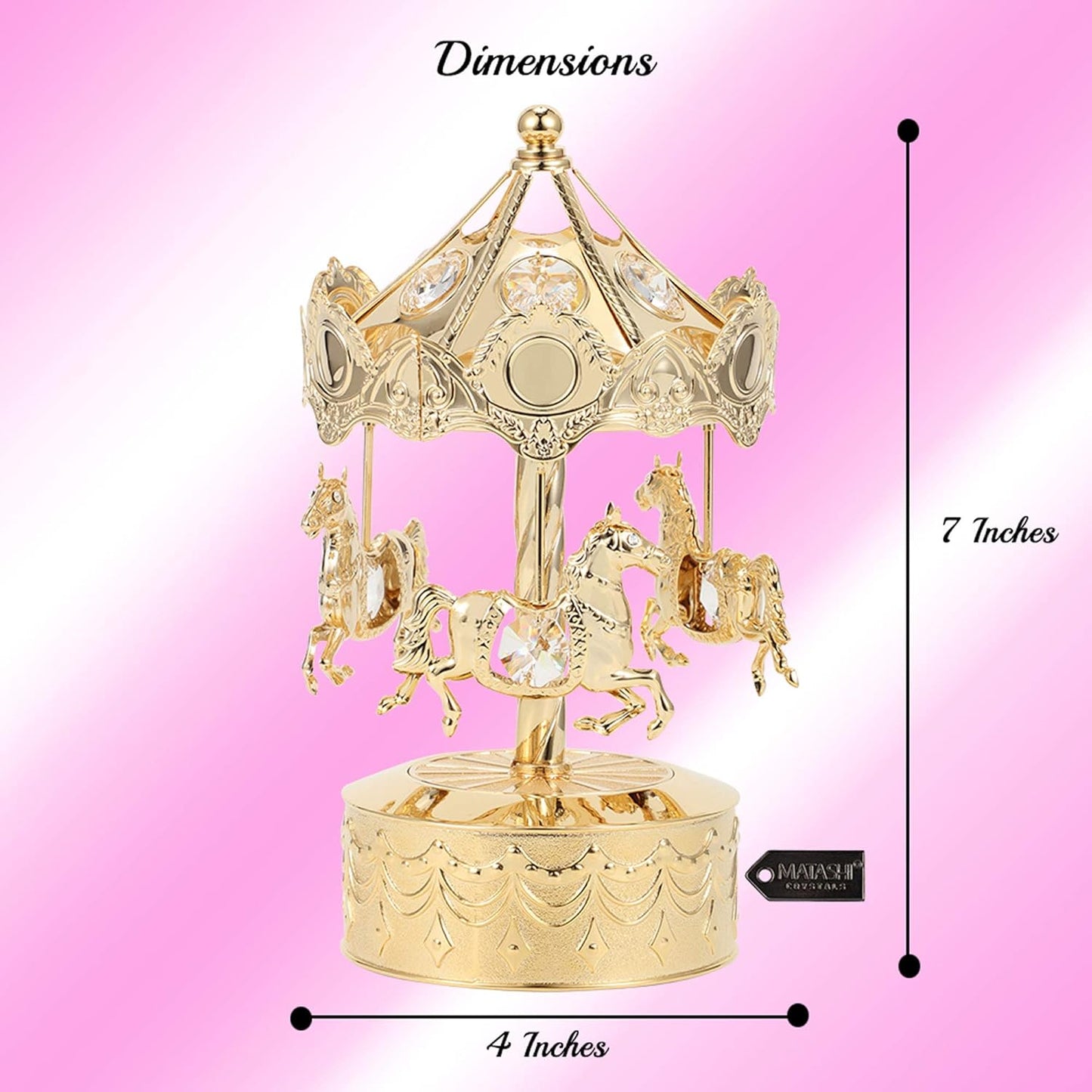 Matashi Tabletop Crystal Studded Music Box Carousel with Horses Figurine, Home Decorative Showpiece Ornament (24k Gold Plated) Gift for Birthday Mother's Day Valentine's Day Anniversary