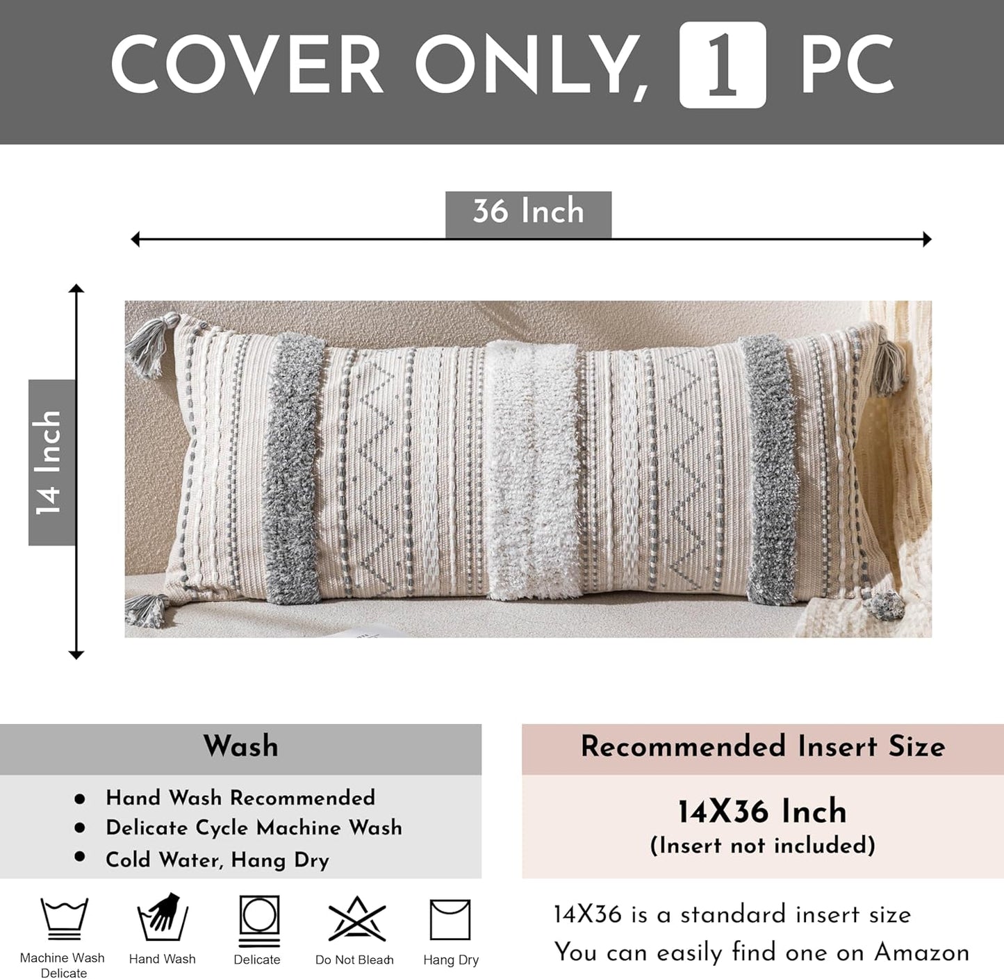 BlissBlush Gray Decorative Lumbar Throw Pillow Cover 14x36 Boho Long Cushion for Bed Neutral White Accent Farmhouse Pillowcase for Bedroom Living Room Couch Sofa Home Décor (Cover ONLY, Pack of 1)