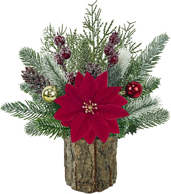 TORONTOKYO 13inch Small Christmas Plants Artificial with Wooden Pot, Flocked Small Fake Plants with Red Poinsettia Berries, Pine Cones for Home Office Desk Xmas Decorations