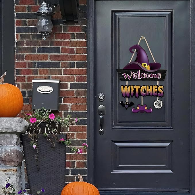 Welcome Witches Door Sign,Witch Legs Hat Wooden Hanging Sign,Rustic Halloween Bat Wall Decor,Halloween Witch Theme Wooden Sign,Spider Web Wall Plaque for Porch Yard Home Room Farmhouse Garden