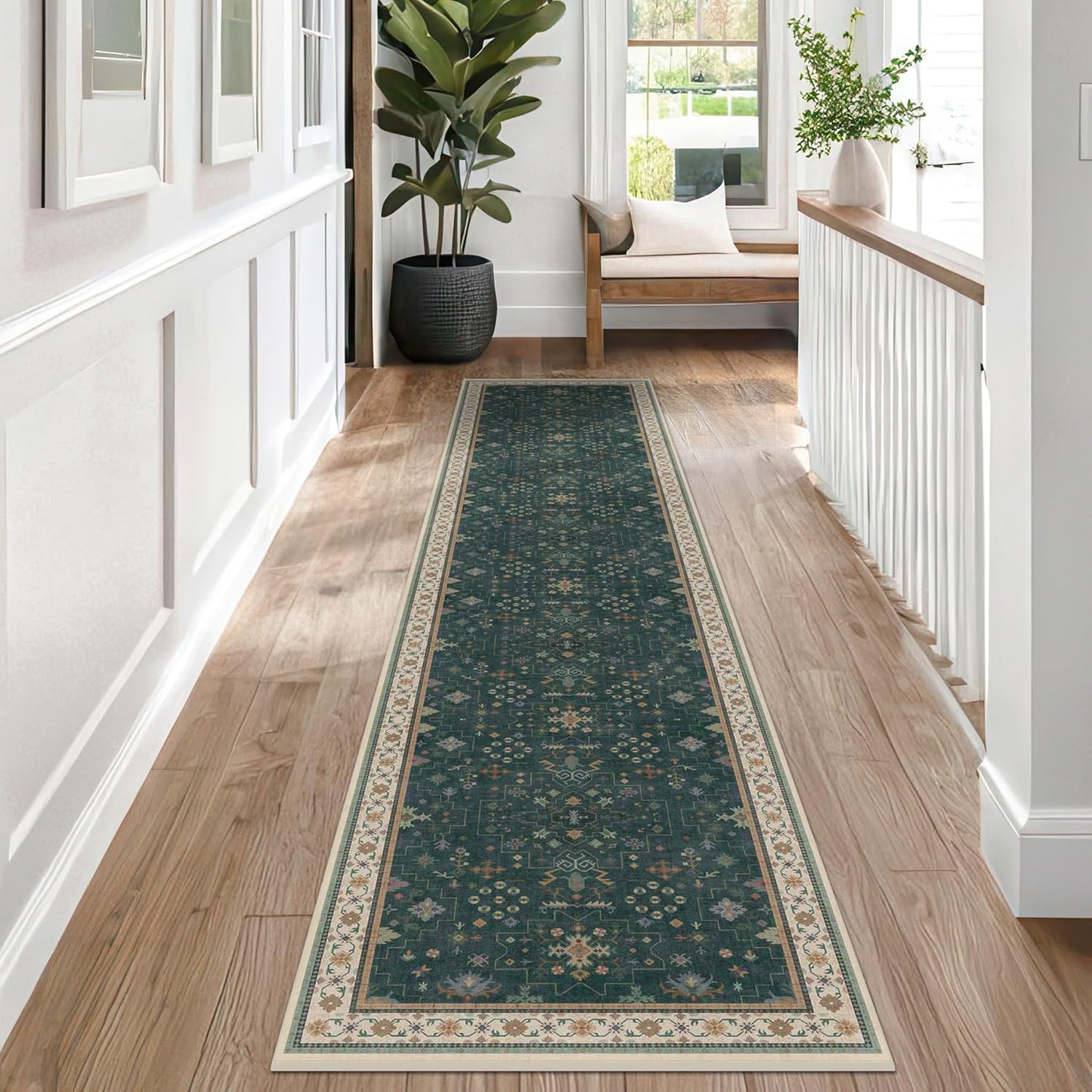 Dark Green Kitchen Rug 12 ft Long - Modern Vintage Boho Eclectic Floral with Brown Accent, Washable Low Pile Non-Slip Extra Long Wide Runner Rugs for Hallway, 3x12