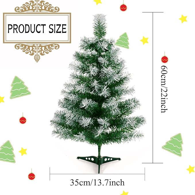 2Ft Artificial Christmas Tree Green Tabletop Christmas Tree with Flocking Snow Frost Tips Plastic Stand Mini Xmas Pine Tree for Party Supplies Indoor Outdoor Holiday Home Decoration