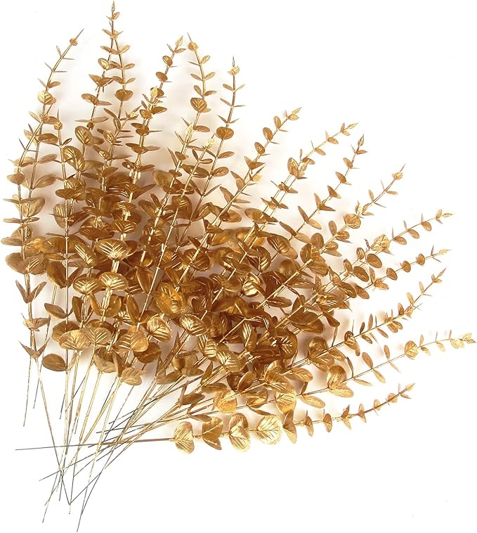 Tinsow 26pcs Artificial Eucalyptus Stems Gold Faux Eucalyptuses Branch Real Touch Leaf Wedding Bouquet Minimalist Fall Home Decor