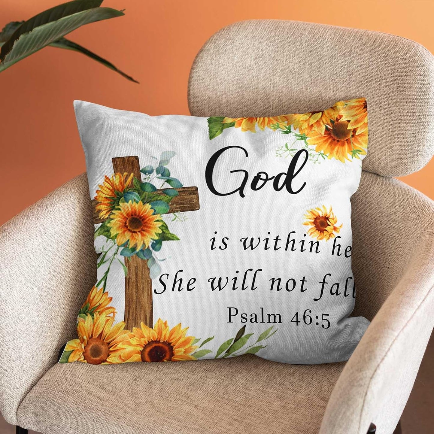 God is Within Her She Will Not Fall Throw Pillow Cover,Sunflower Religious Pillow Covers Farmhouse Decorative Cushion Case Sofa Pillow Case 18x18 Inch