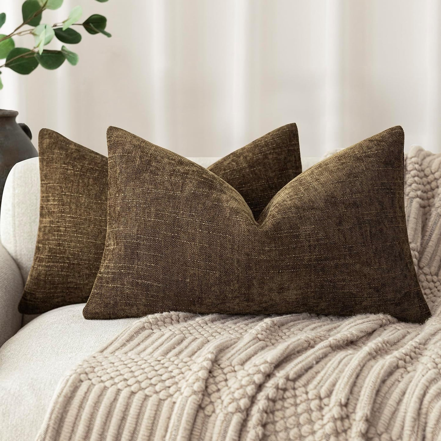 Foindtower Pack of 2 Textured Chenille Throw Decorative Pillow Covers Square Accent Solid Cushion Cover Neutral Farmhouse Lumbar Pillow Case for Couch Sofa Bedroom Living Room 12x20 Inch,Taupe Brown